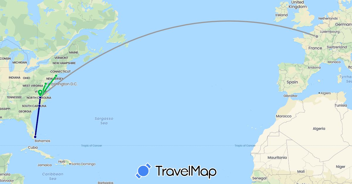 TravelMap itinerary: driving, bus, plane in France, United States (Europe, North America)